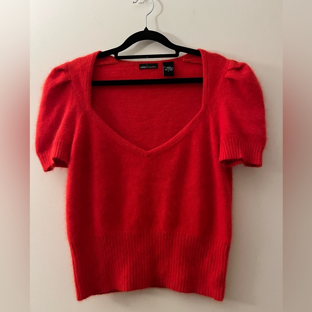 Red Angora Sweetheart Neckline Sweater
